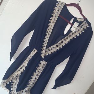 Navy Sheer Romper W/ White Lace Detail